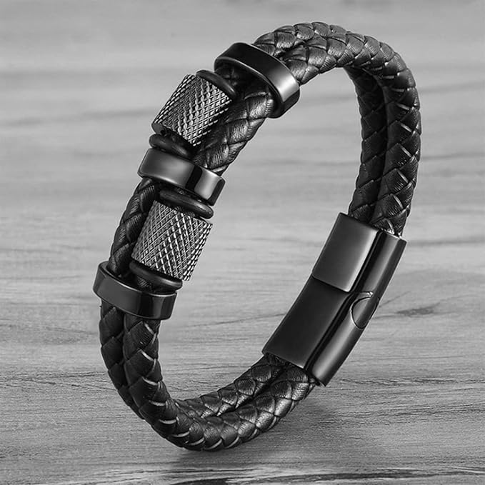 Double Leather & Stainless Steel detail Braided Leather Bracelet - Karoo Earth