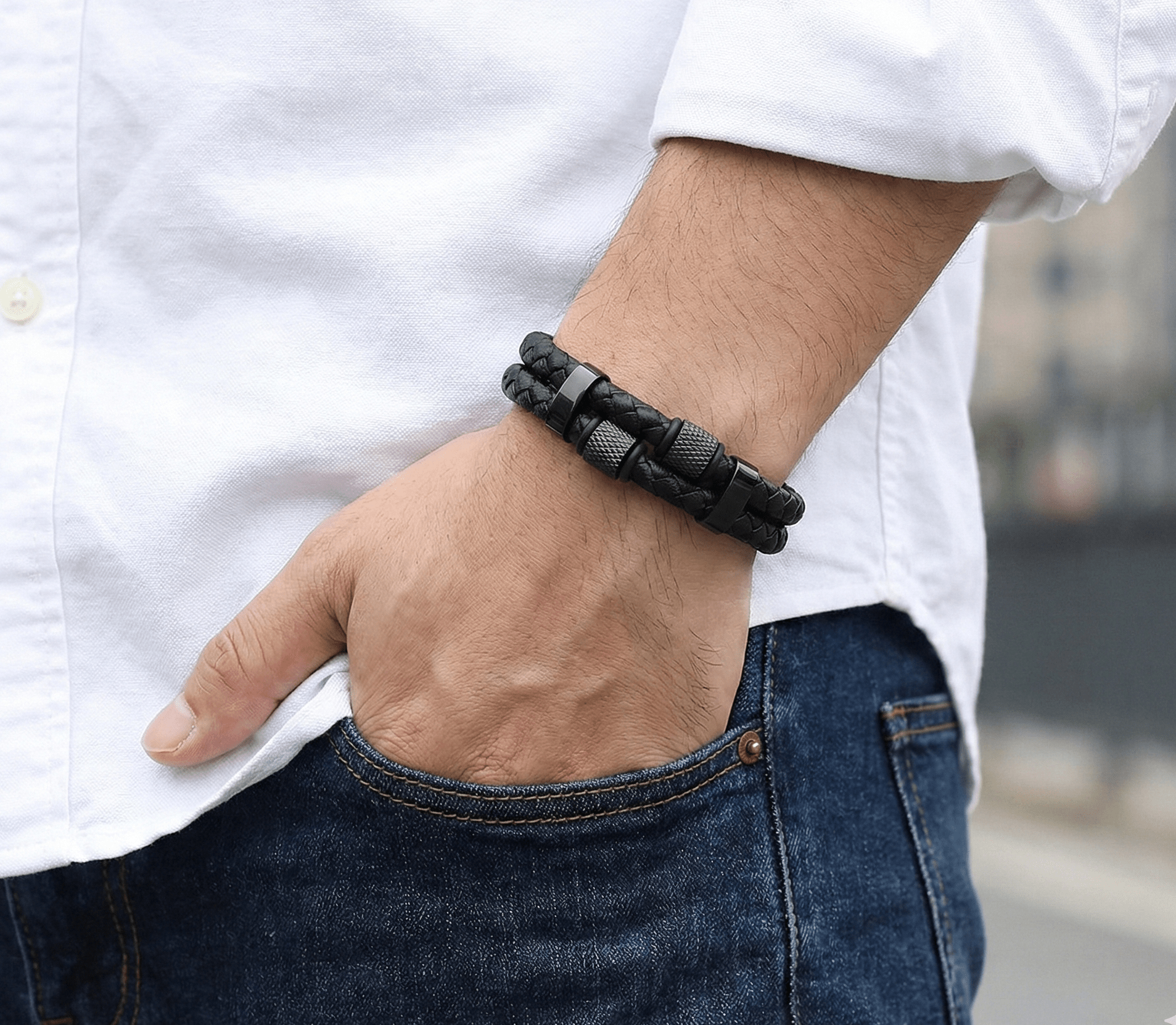 Double Leather & Stainless Steel detail Braided Leather Bracelet - Karoo Earth