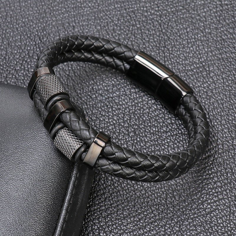 Double Leather & Stainless Steel detail Braided Leather Bracelet - Karoo Earth