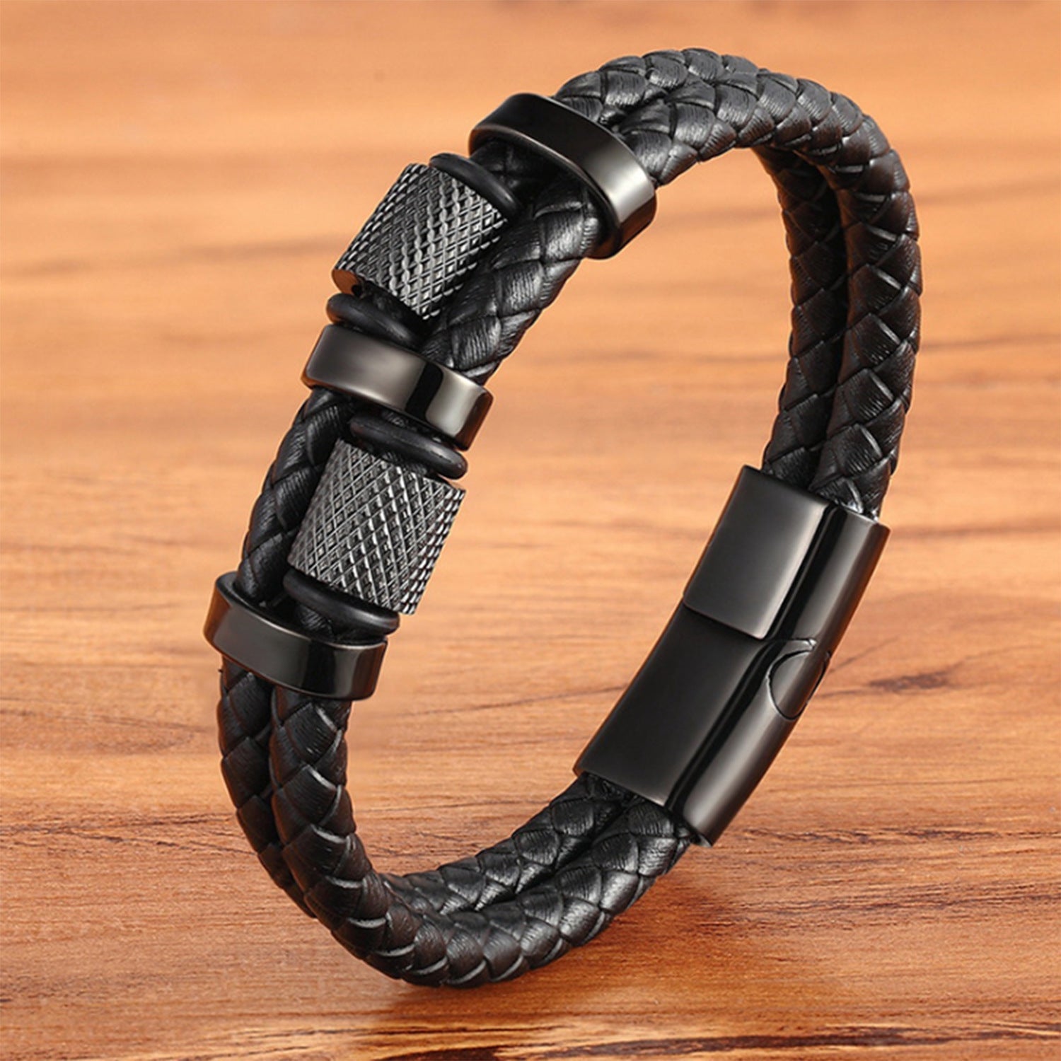 Double Leather & Stainless Steel detail Braided Leather Bracelet - Karoo Earth