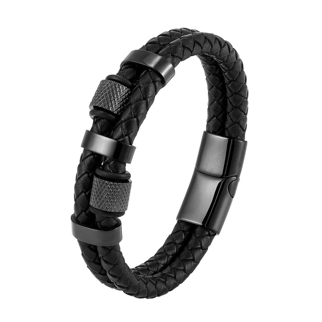 Double Leather & Stainless Steel detail Braided Leather Bracelet - Karoo Earth