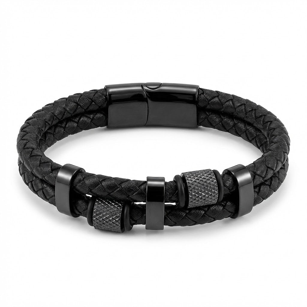 Double Leather & Stainless Steel detail Braided Leather Bracelet - Karoo Earth