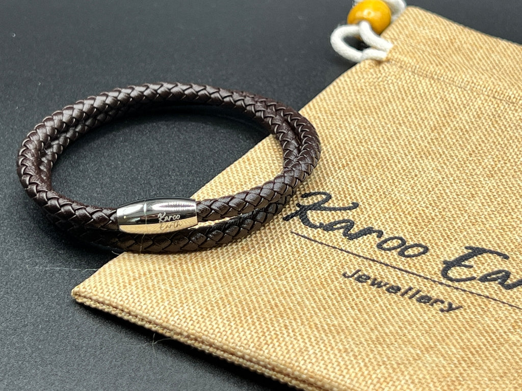 Double Wrap Dark Brown Leather Bracelet with Magnetic Clasp - Karoo Earth