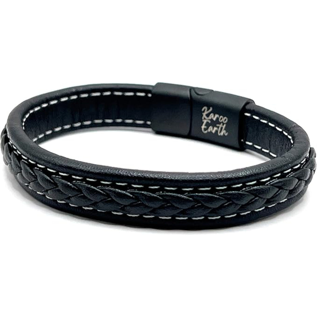 Genuine Leather Braided With White Stitch Bracelet | Brushed Stainless Steel Clasp - Karoo Earth