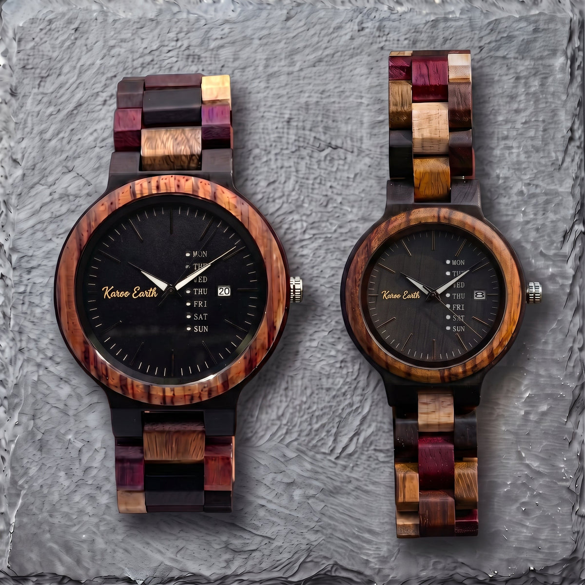 His and Hers Multi-wood Karoo Earth Chronograph Wooden Watch Bundle - Karoo Earth