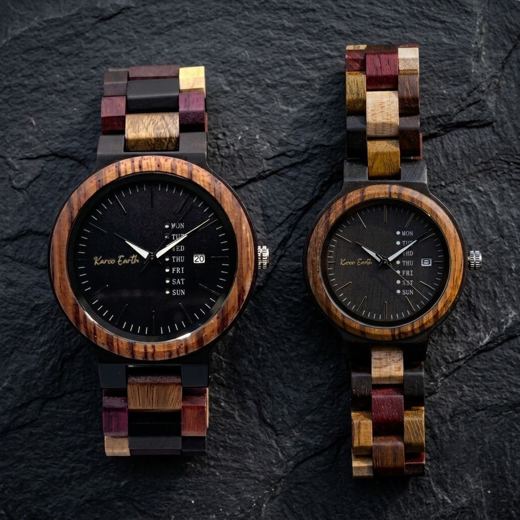 His and Hers Multi-wood Karoo Earth Chronograph Wooden Watch Bundle - Karoo Earth