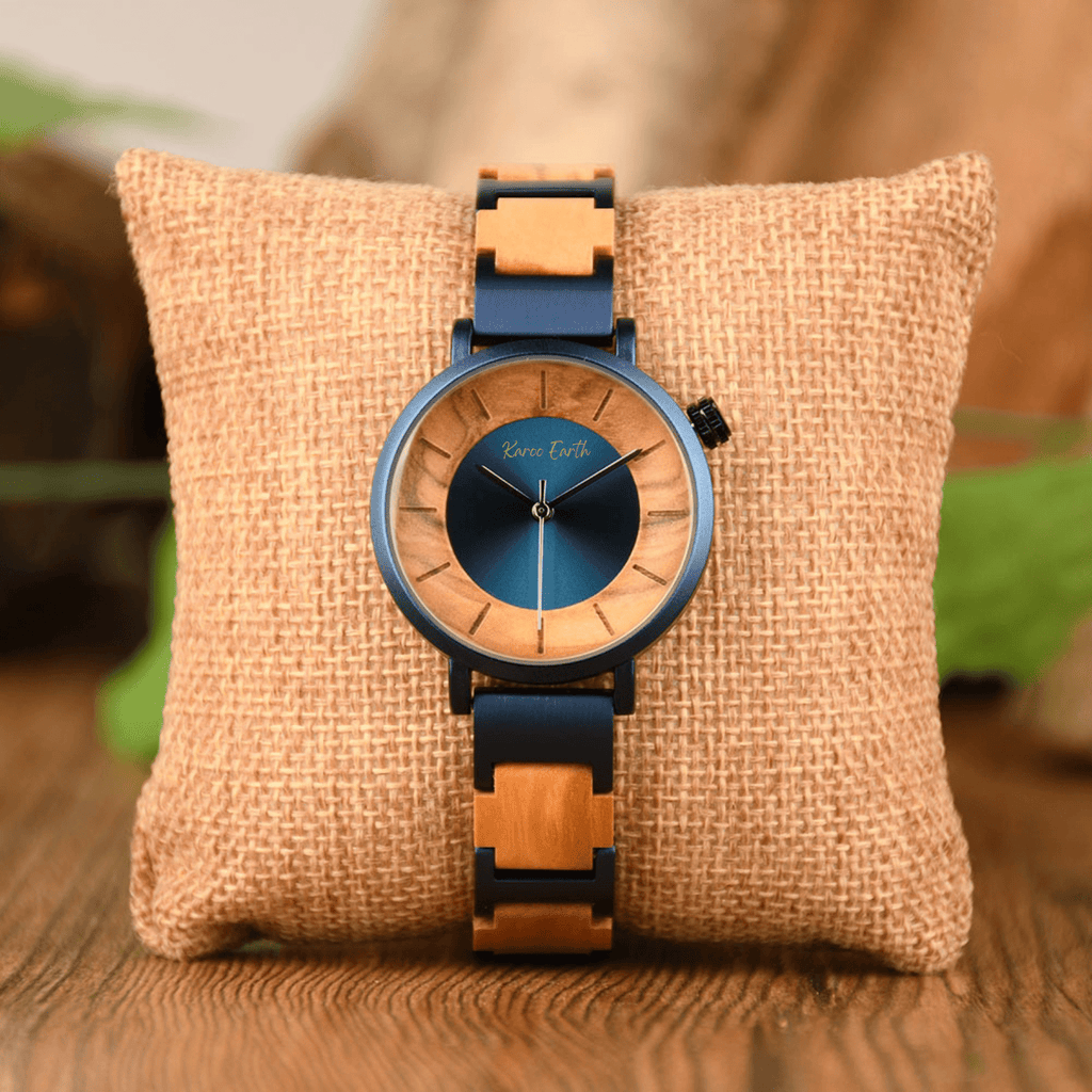 His & Hers Olive Wood and Blue Steel Men's Quartz Watch Bundle - Karoo Earth
