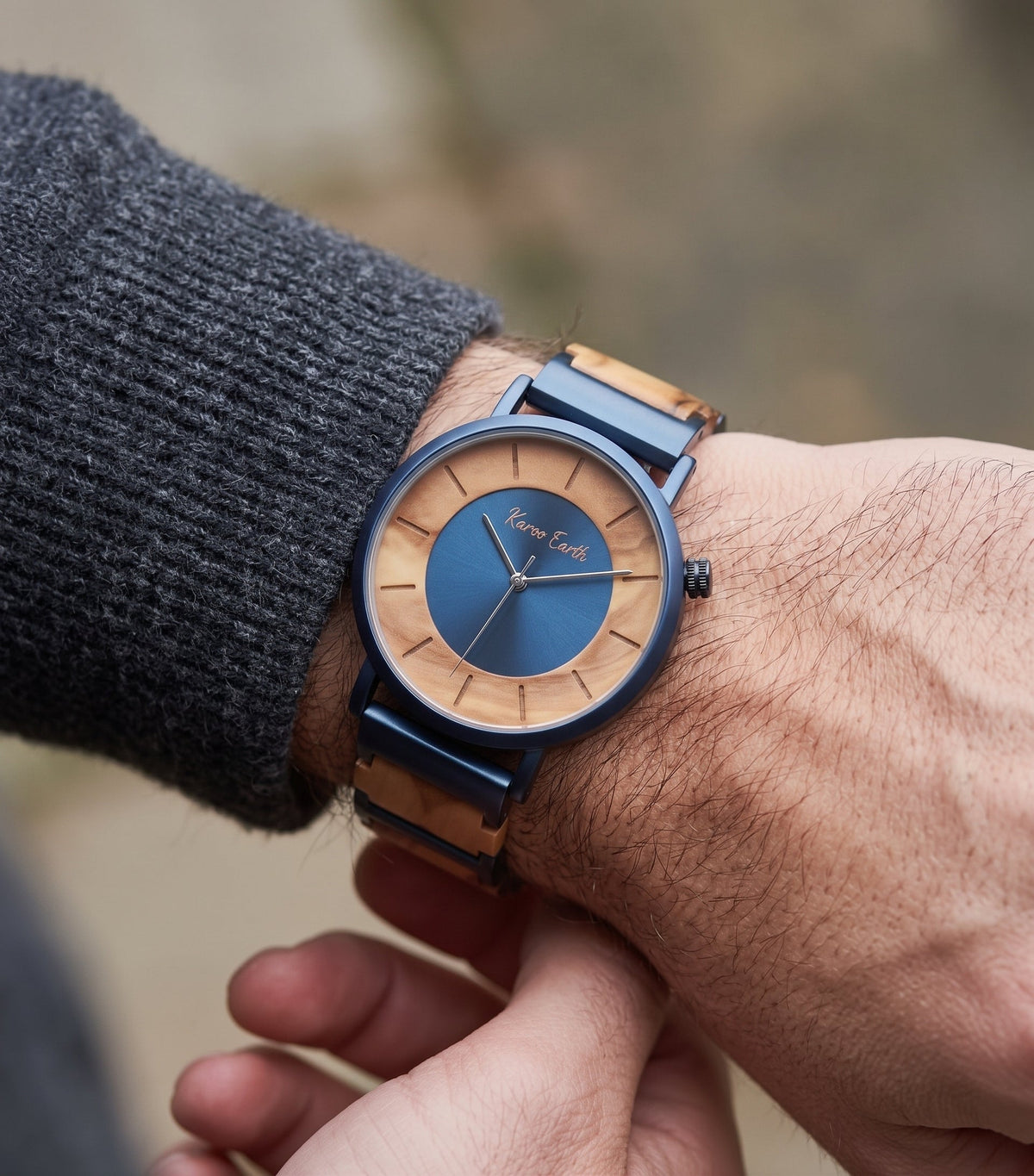 His & Hers Olive Wood and Blue Steel Men's Quartz Watch Bundle - Karoo Earth