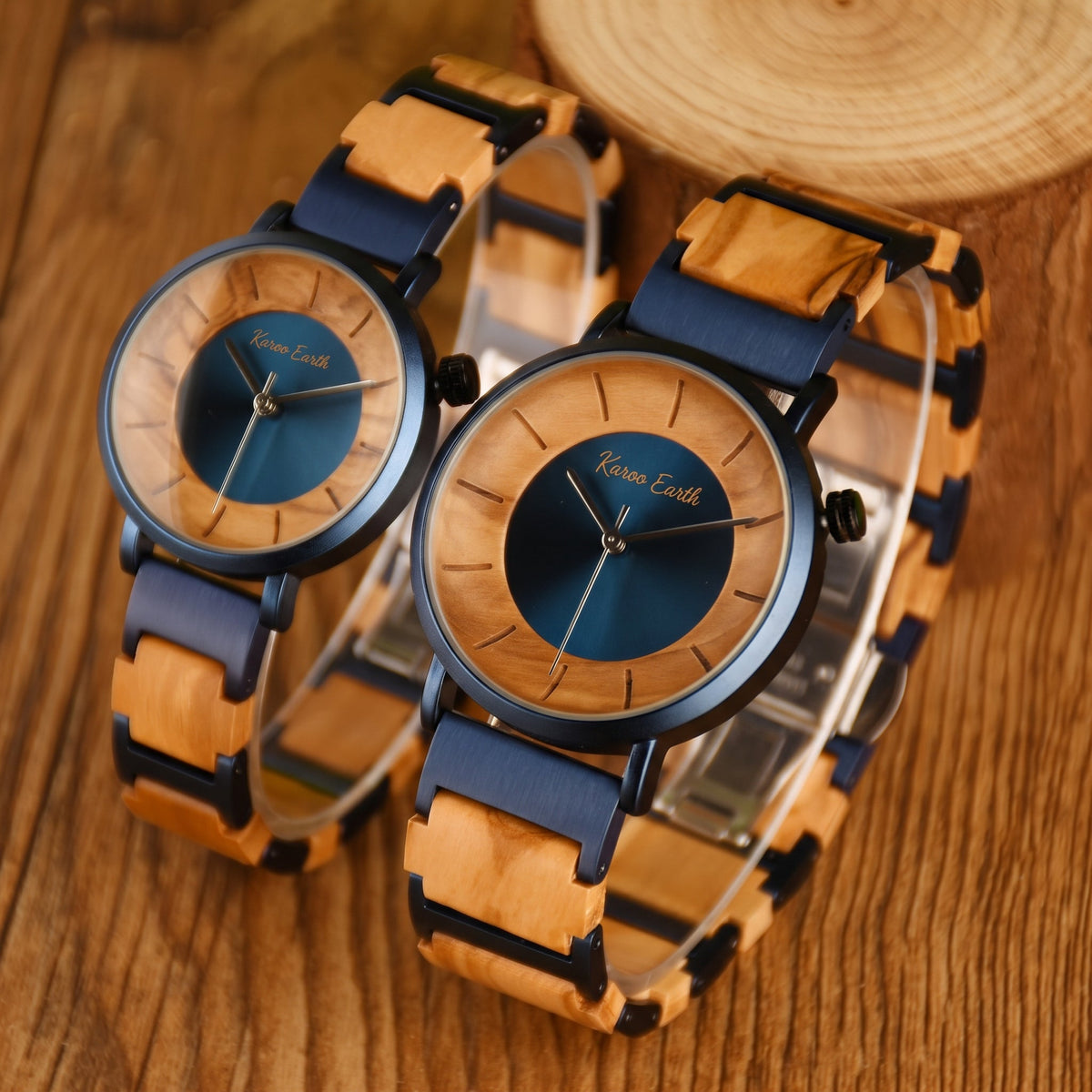 His & Hers Olive Wood and Blue Steel Men's Quartz Watch Bundle - Karoo Earth
