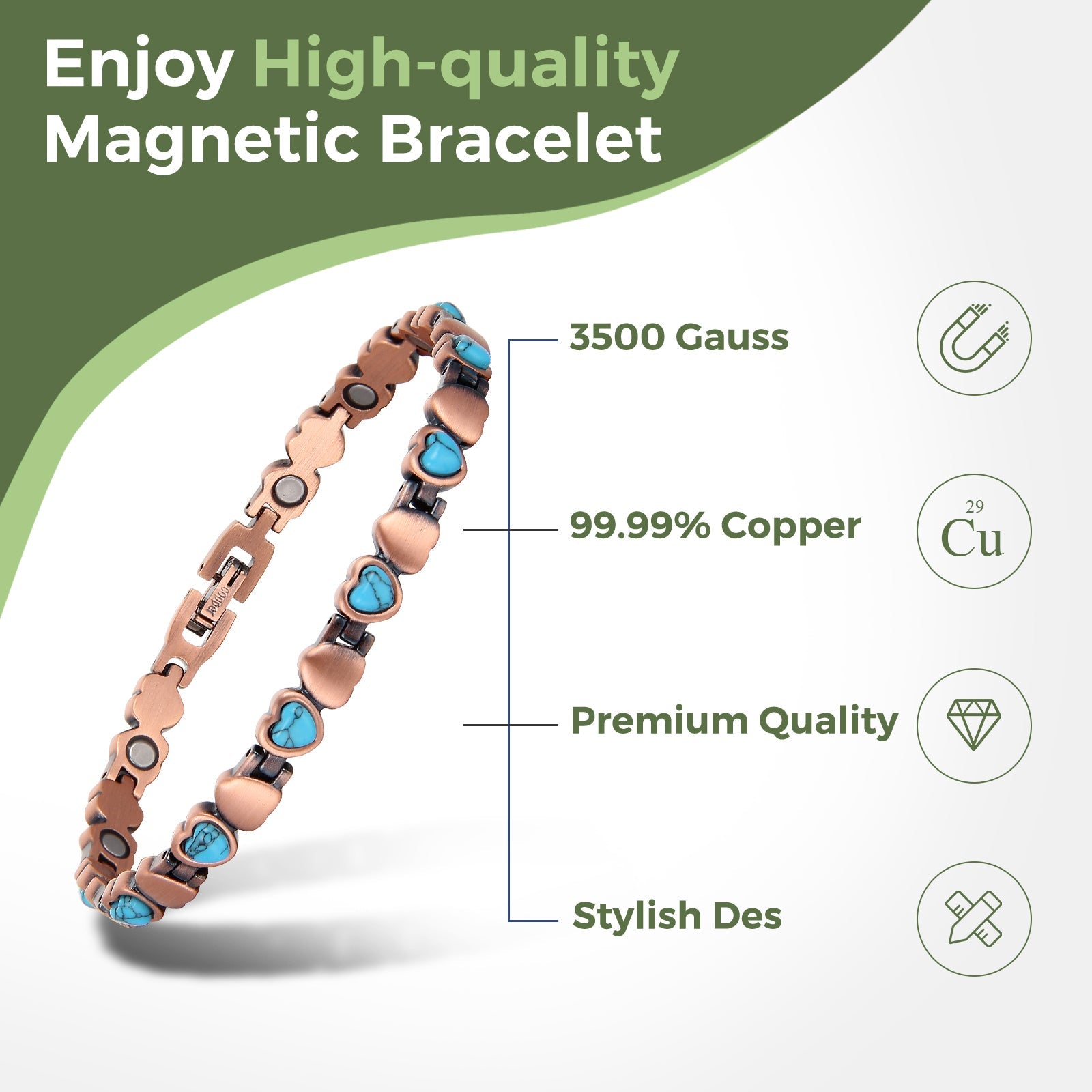 Ladies Turquoise Heart Copper Magnetic Bracelet - Karoo Earth