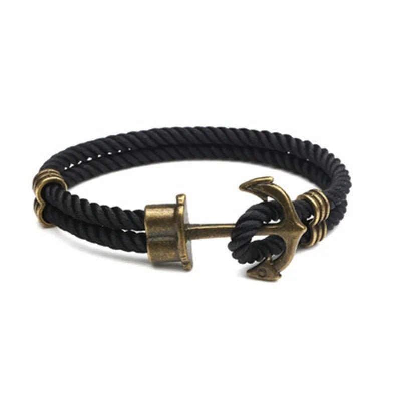 Men's Anchor Bracelet - Black Nylon Nautical Rope Bracelet 21cm - Karoo Earth