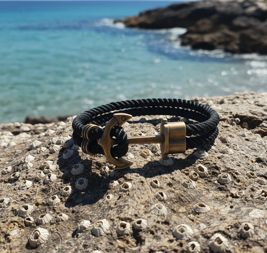 Men's Anchor Bracelet - Black Nylon Nautical Rope Bracelet 21cm - Karoo Earth
