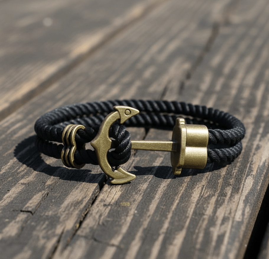Men's Anchor Bracelet - Black Nylon Nautical Rope Bracelet 21cm - Karoo Earth