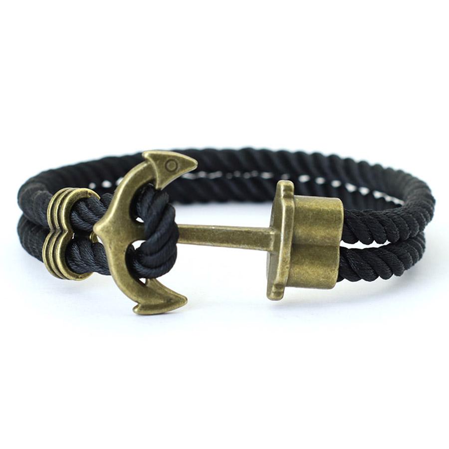 Men's Anchor Bracelet - Black Nylon Nautical Rope Bracelet 21cm - Karoo Earth