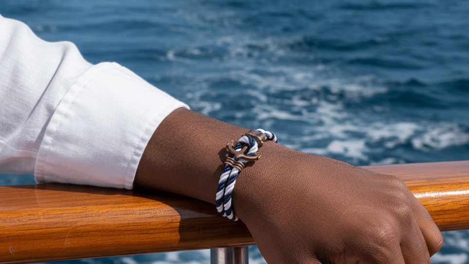 Men's Anchor Bracelet - Blue & White Nautical Rope Bracelet 21cm - Karoo Earth