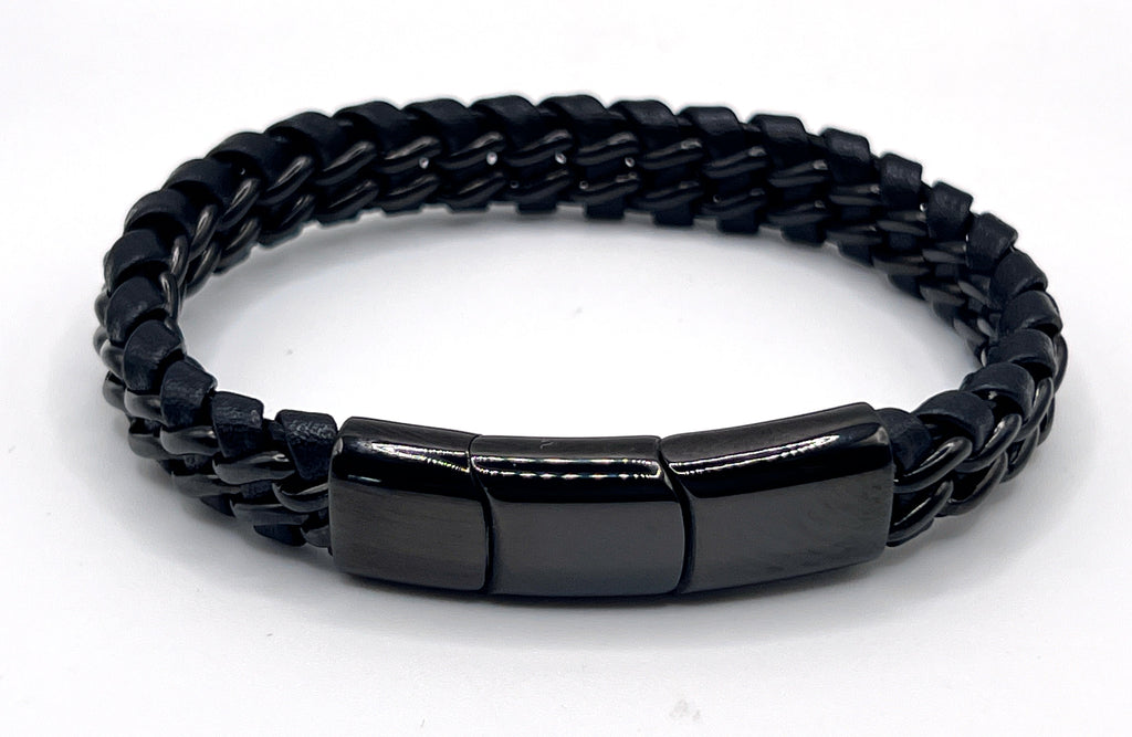 Men's Genuine Leather bracelet with Black Stainless Steel Thread - Karoo Earth