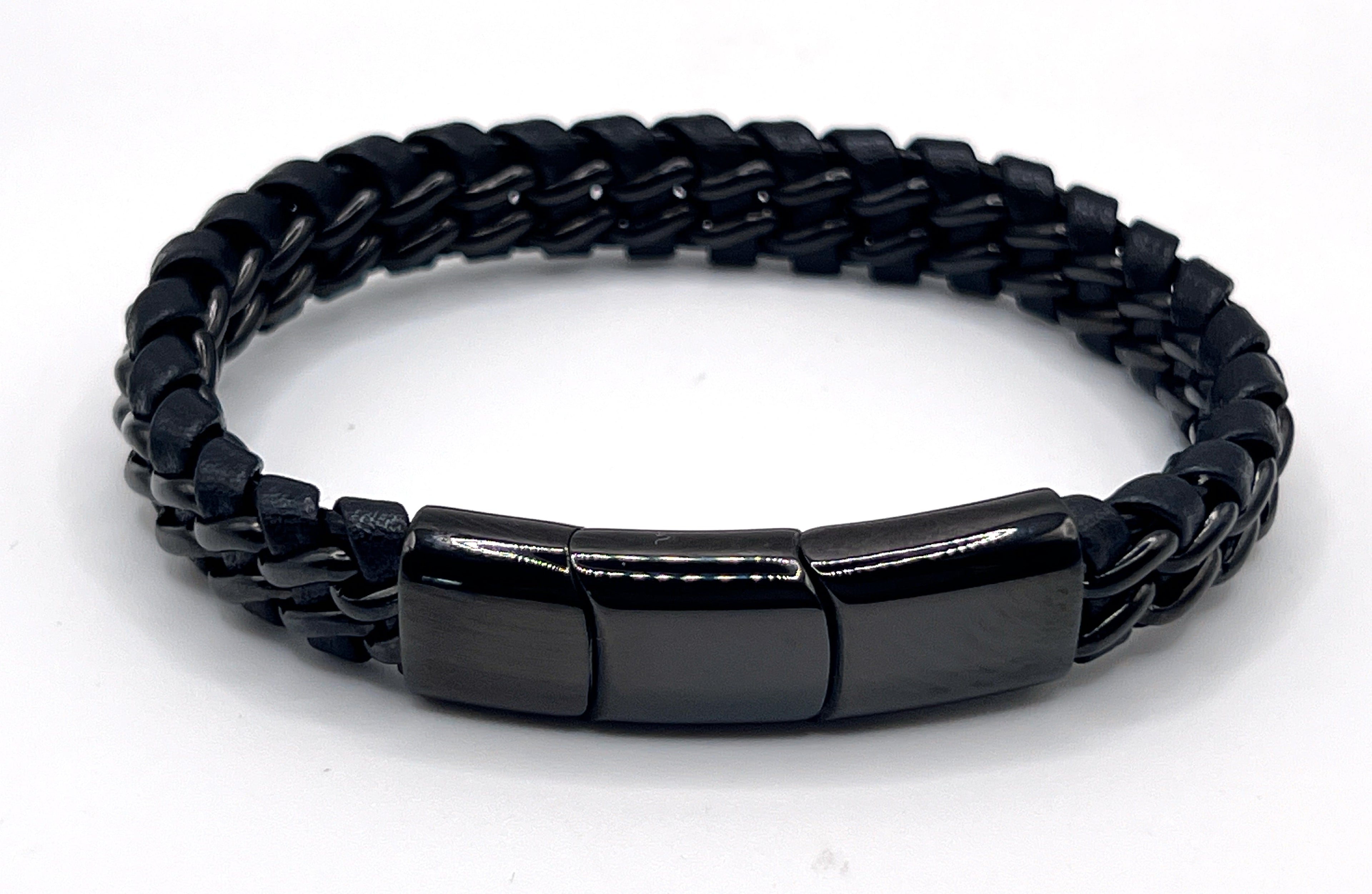 Men's Genuine Leather bracelet with Black Stainless Steel Thread - Karoo Earth