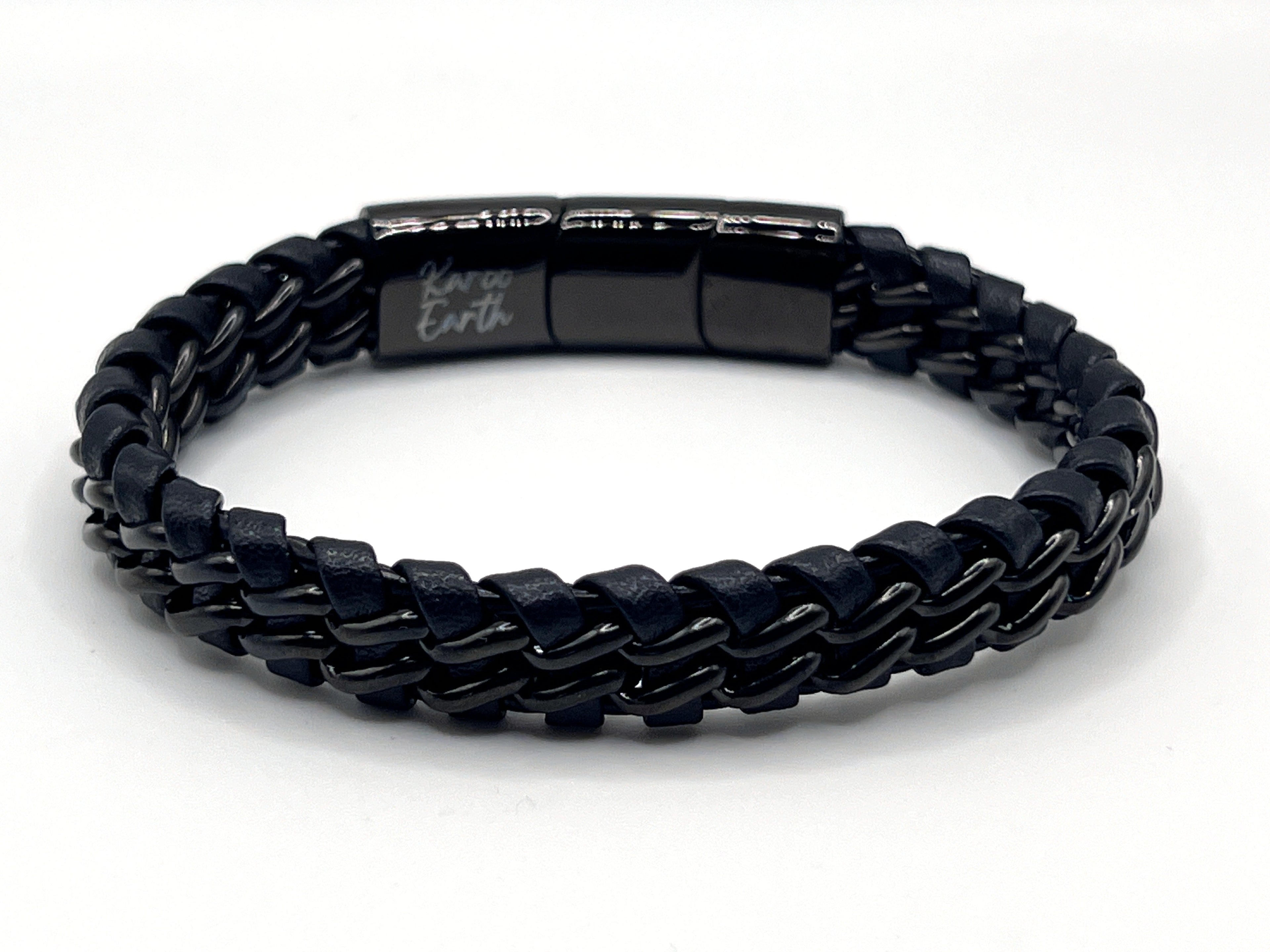 Men's Genuine Leather bracelet with Black Stainless Steel Thread - Karoo Earth