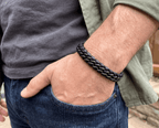 Men's Genuine Leather bracelet with Black Stainless Steel Thread - Karoo Earth