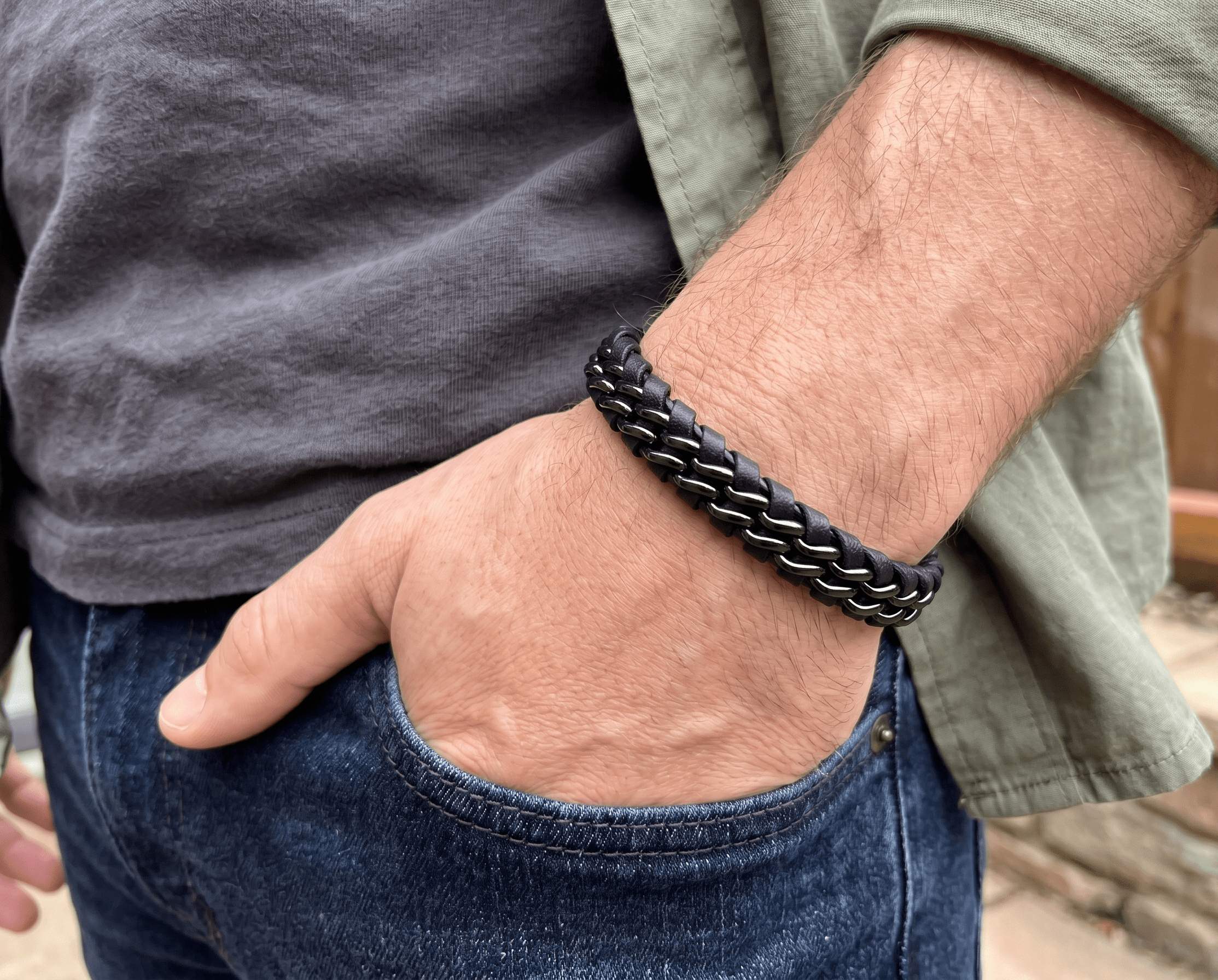 Men's Genuine Leather bracelet with Black Stainless Steel Thread - Karoo Earth