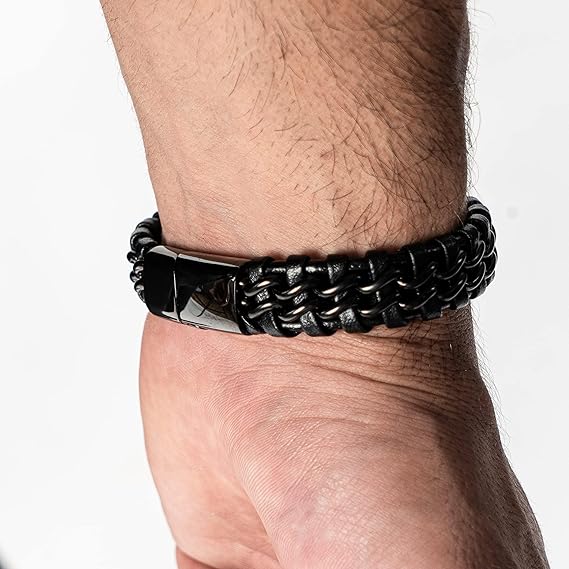 Men's Genuine Leather bracelet with Black Stainless Steel Thread - Karoo Earth
