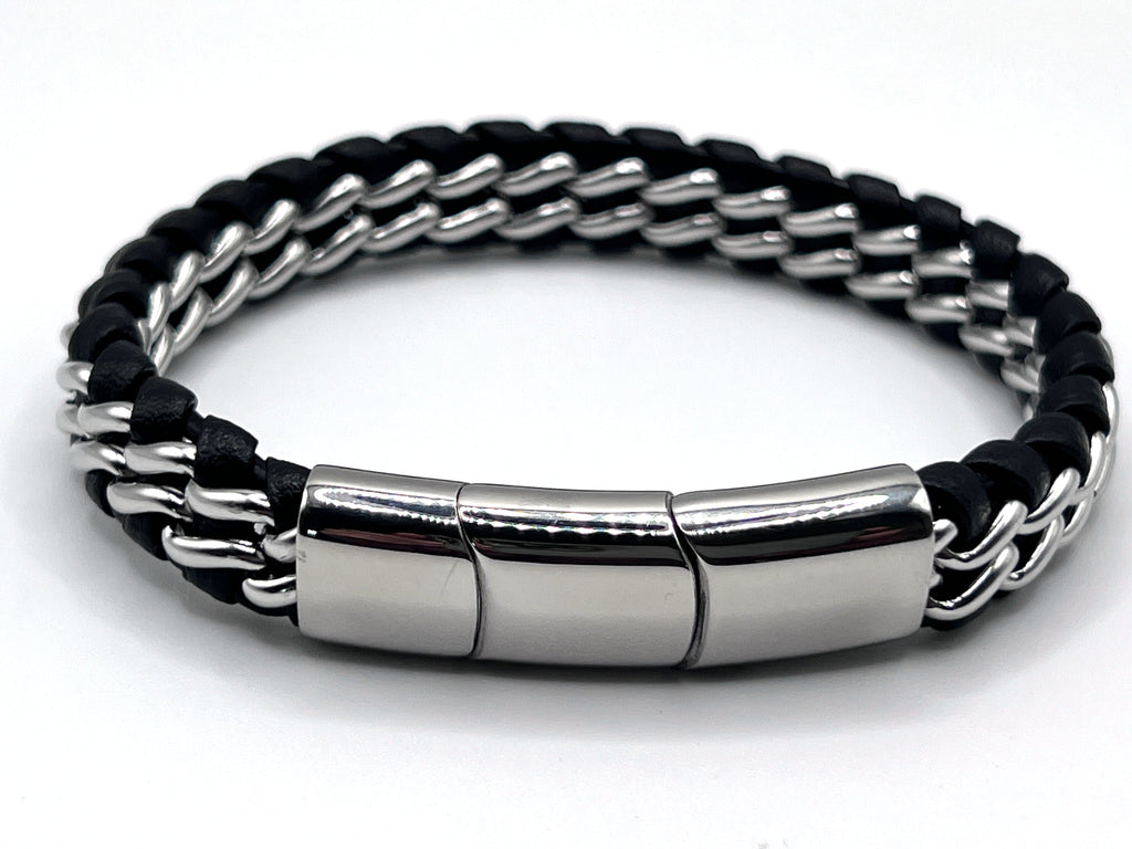 Men's Genuine Leather bracelet with Silver Stainless Steel Thread - Karoo Earth