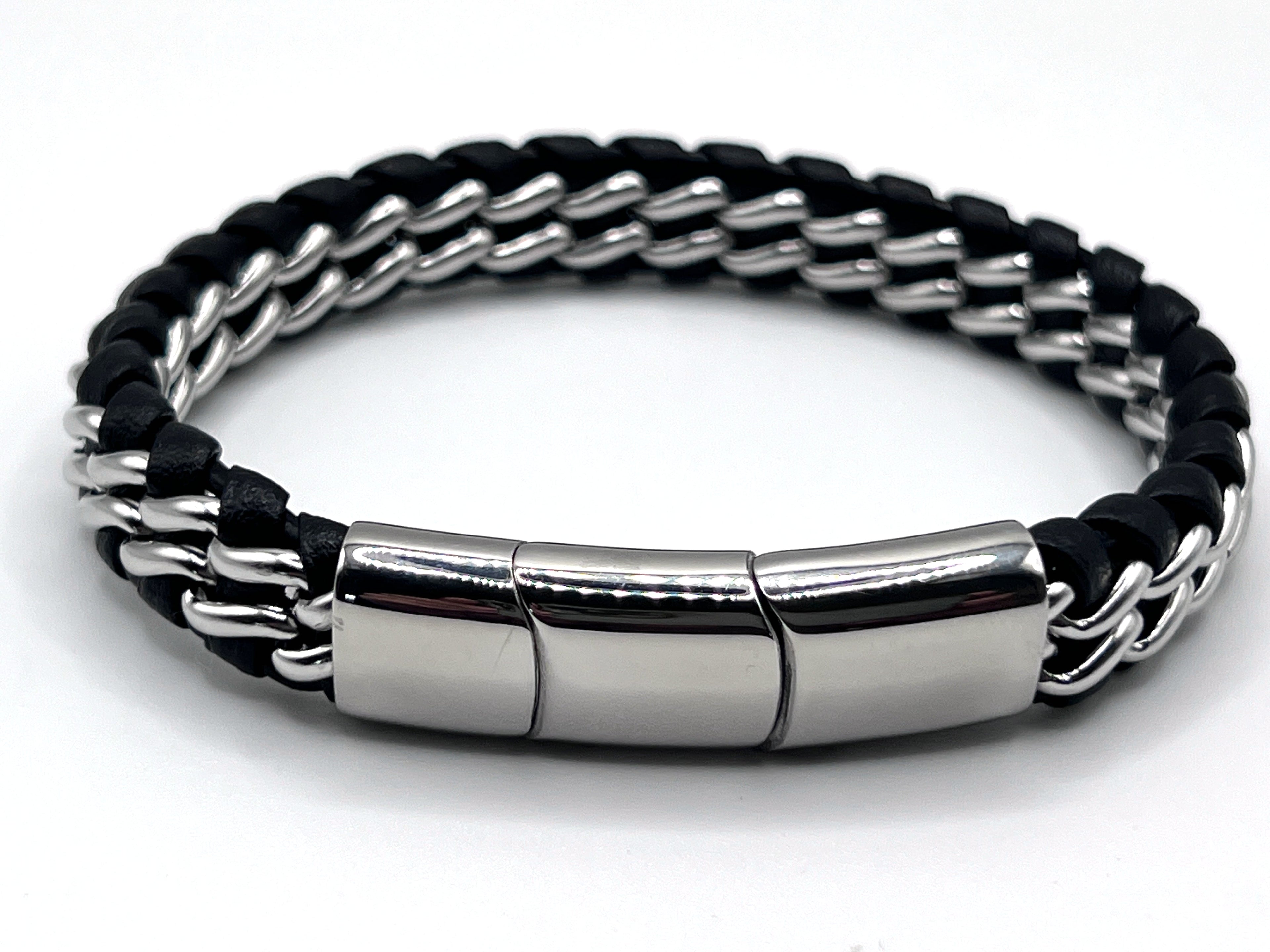 Men's Genuine Leather bracelet with Silver Stainless Steel Thread - Karoo Earth