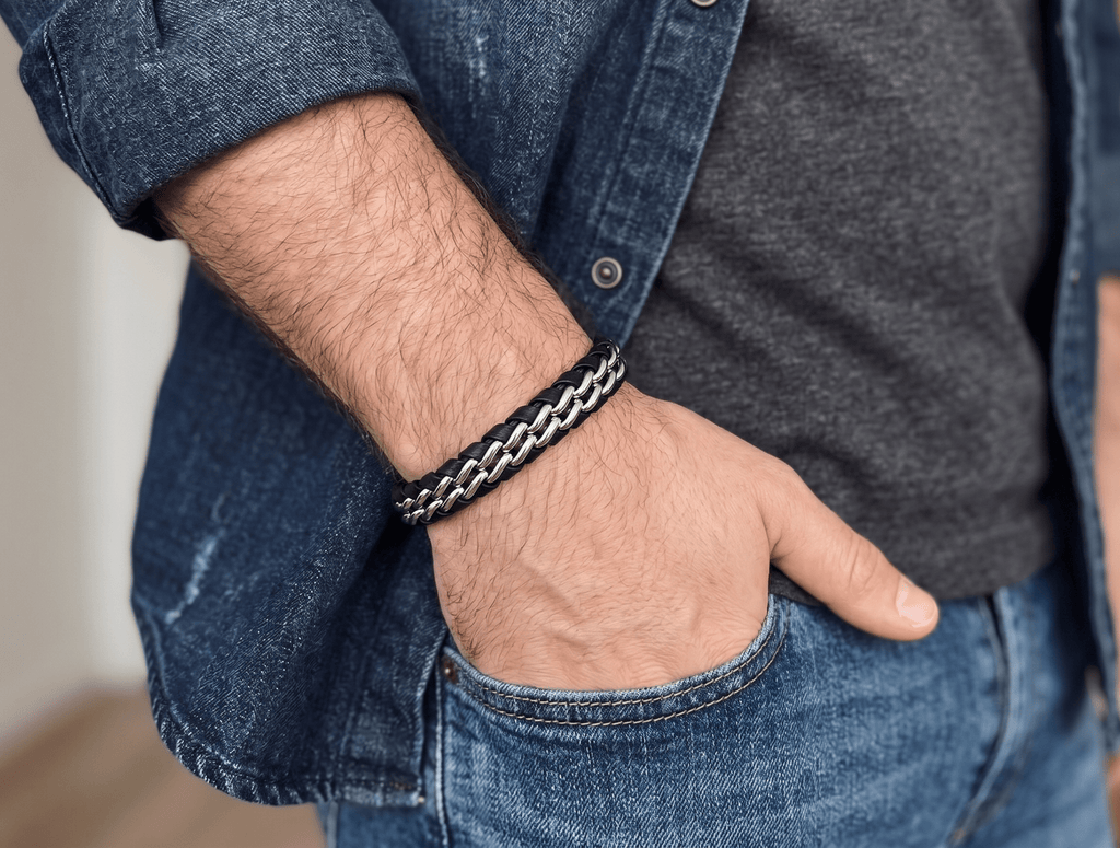 Men's Genuine Leather bracelet with Silver Stainless Steel Thread - Karoo Earth