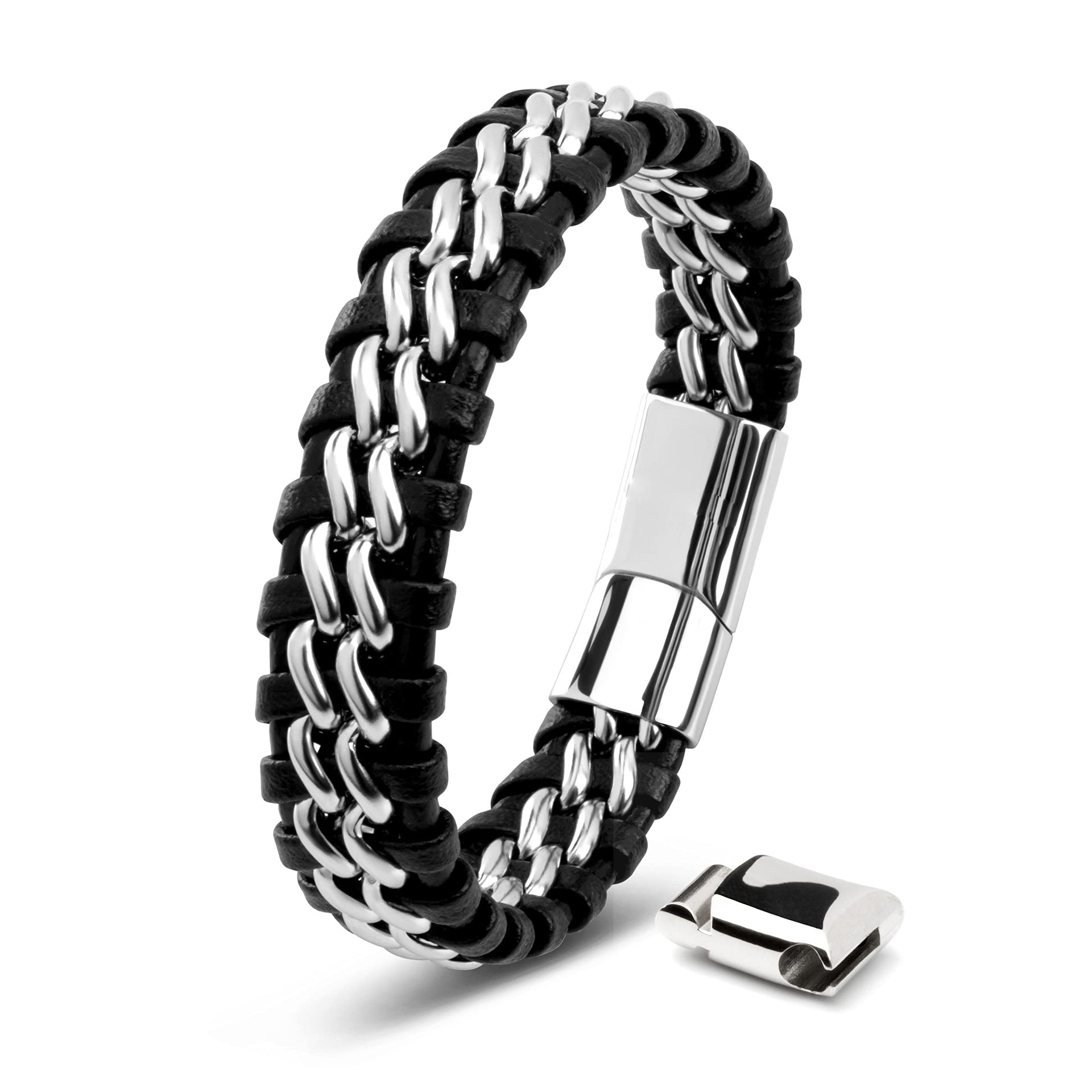 Men's Genuine Leather bracelet with Silver Stainless Steel Thread - Karoo Earth
