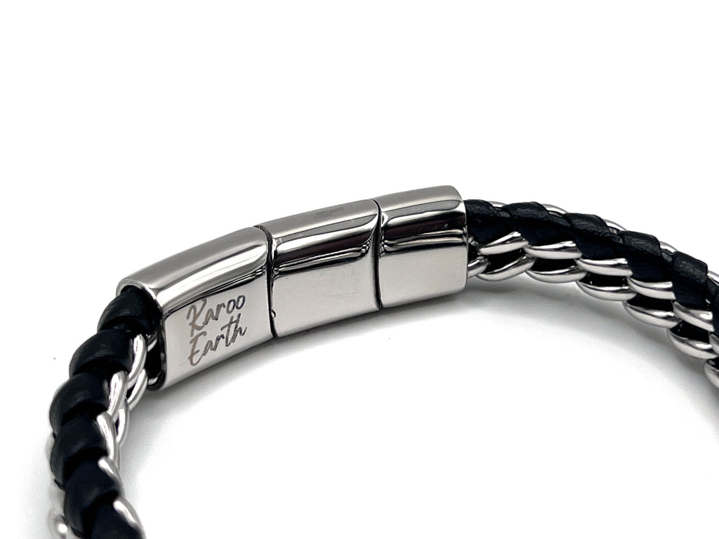 Men's Genuine Leather bracelet with Silver Stainless Steel Thread - Karoo Earth