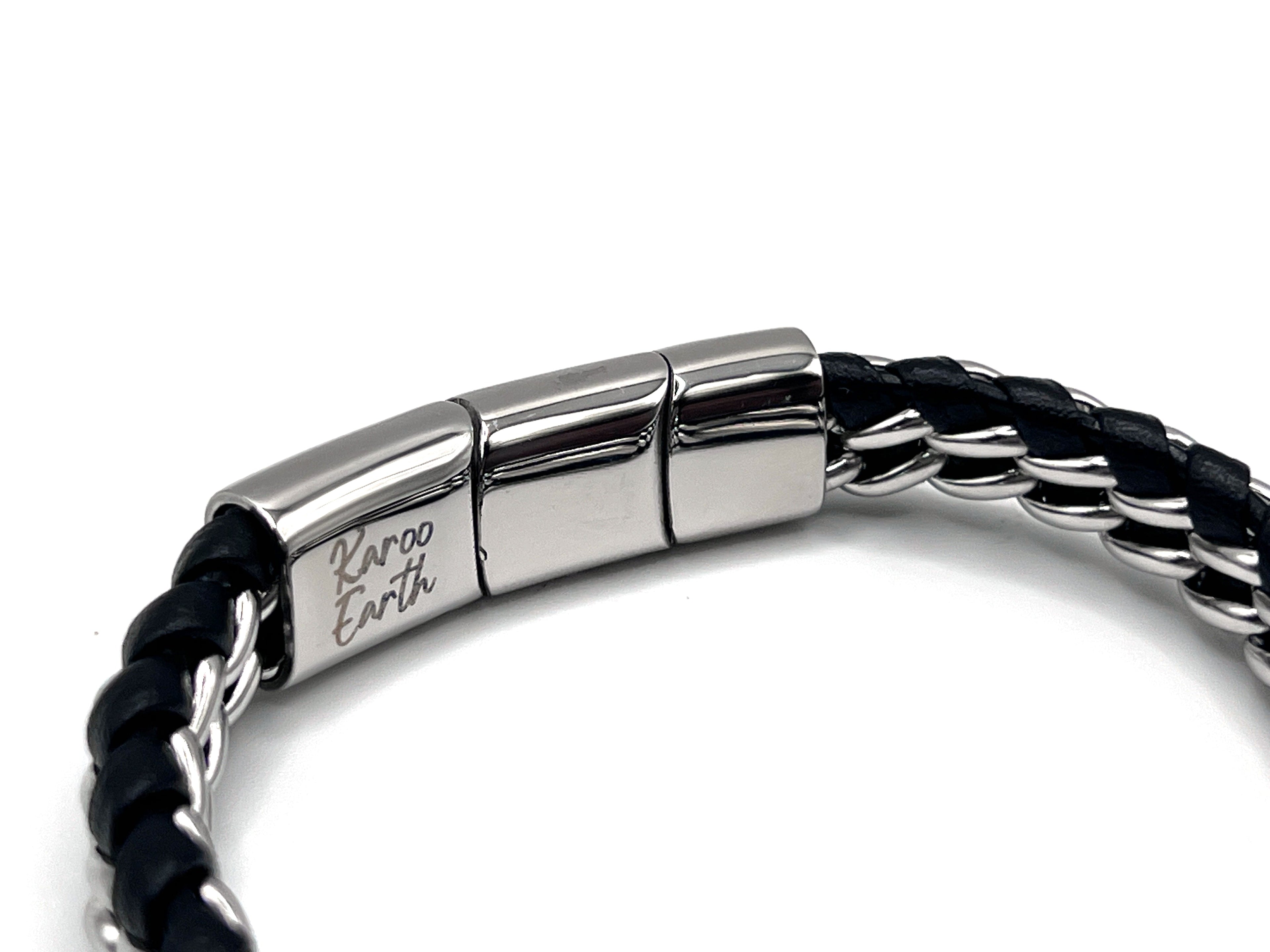 Men's Genuine Leather bracelet with Silver Stainless Steel Thread - Karoo Earth