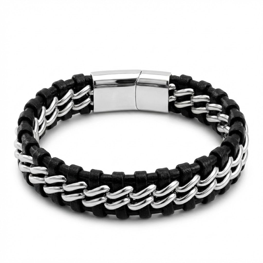 Men's Genuine Leather bracelet with Silver Stainless Steel Thread - Karoo Earth