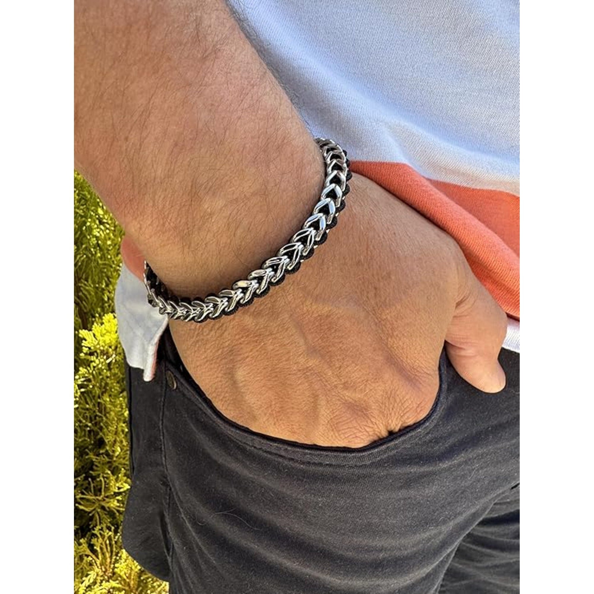 Men's Stainless Steel Franco Chain Bracelet with Black Rope Weave and Adjustable Drawstring - Karoo Earth