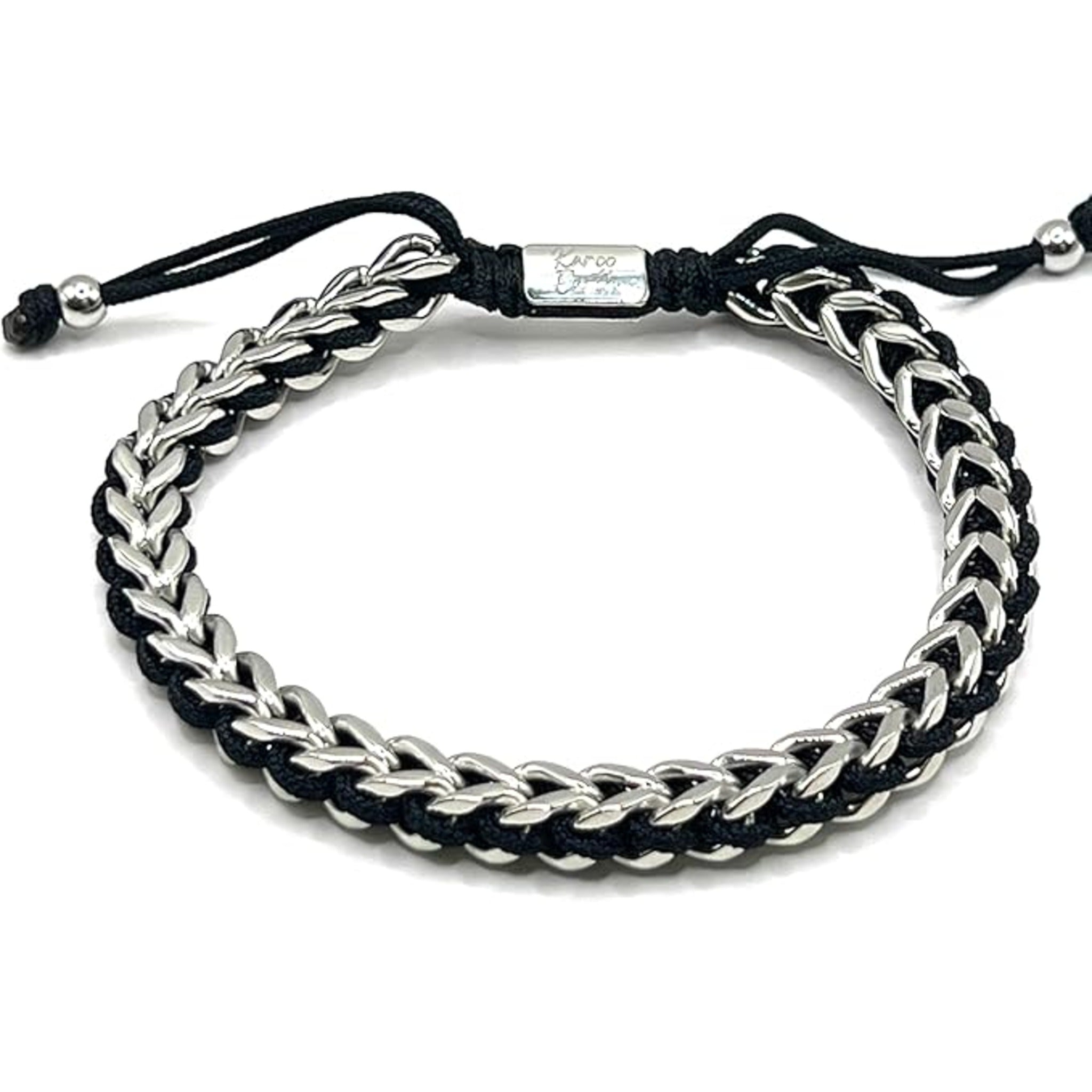 Men's Stainless Steel Franco Chain Bracelet with Black Rope Weave and Adjustable Drawstring - Karoo Earth