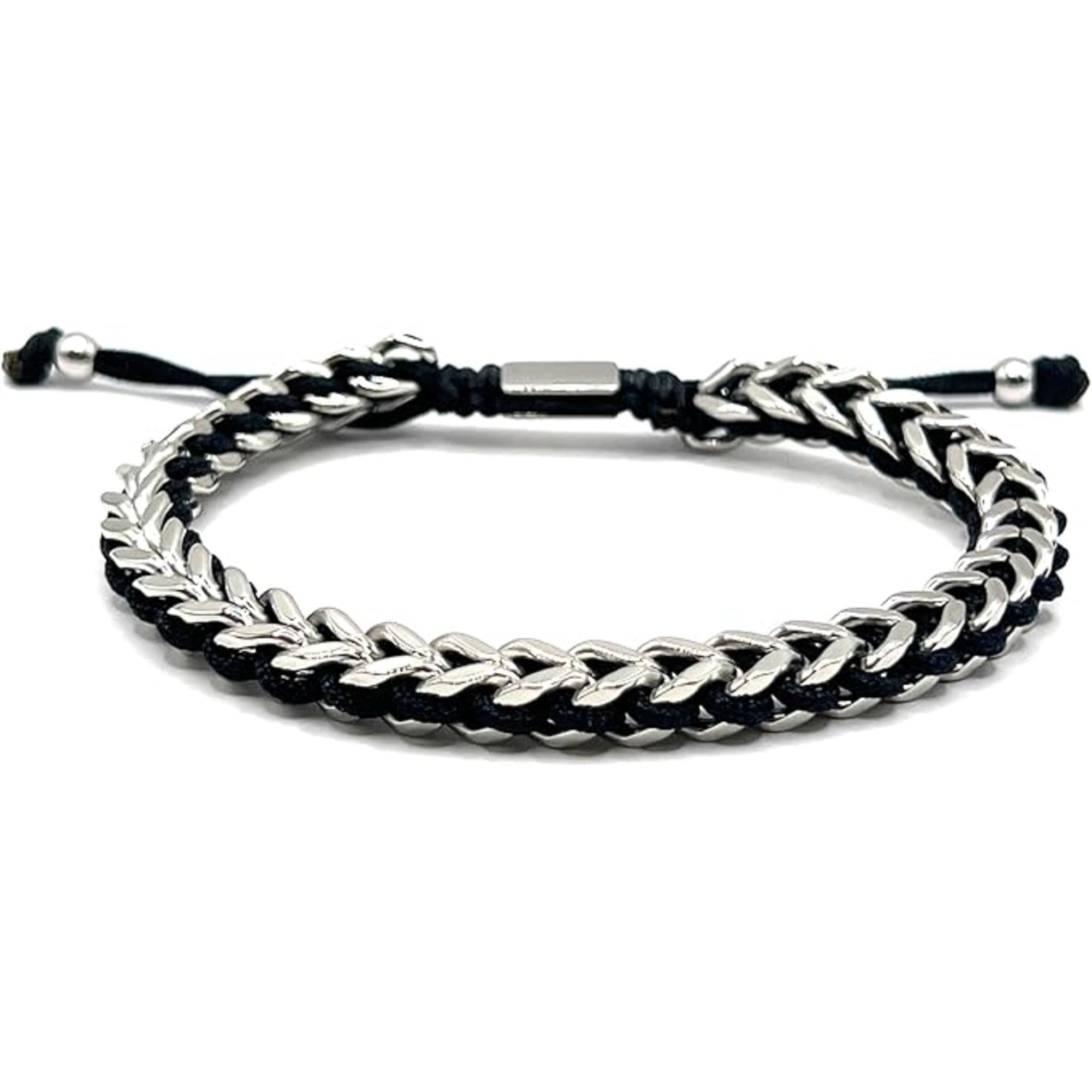 Men's Stainless Steel Franco Chain Bracelet with Black Rope Weave and Adjustable Drawstring - Karoo Earth