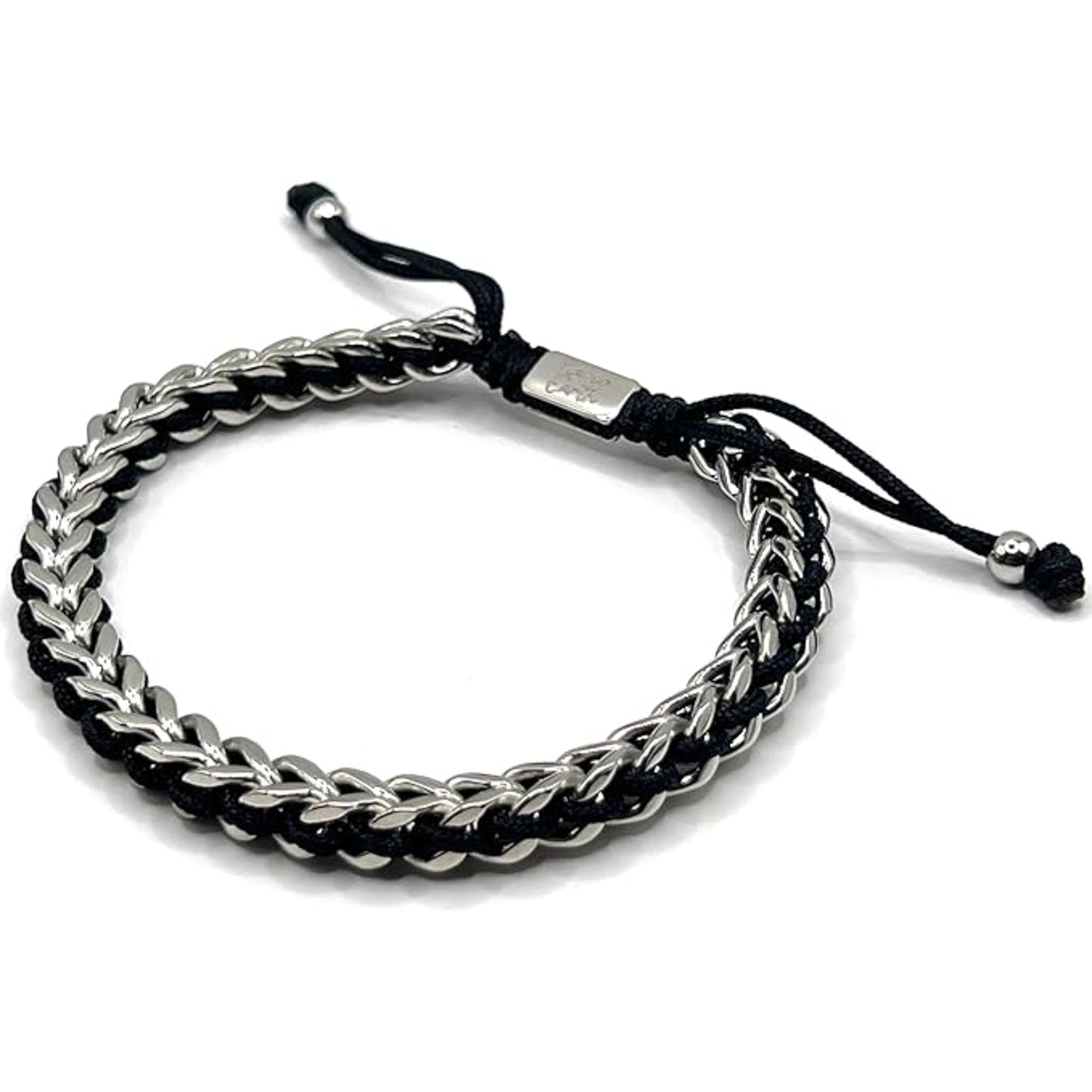 Men's Stainless Steel Franco Chain Bracelet with Black Rope Weave and Adjustable Drawstring - Karoo Earth
