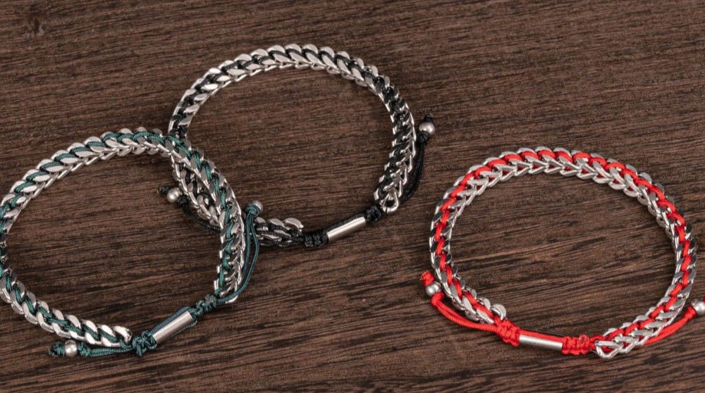 Men's Stainless Steel Franco Chain Bracelet with Green Rope Weave and Adjustable Drawstring (Copy) - Karoo Earth