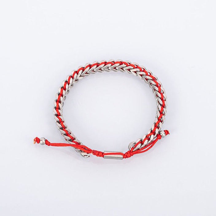 Men's Stainless Steel Franco Chain Bracelet with Red Rope Weave and Adjustable Drawstring - Karoo Earth