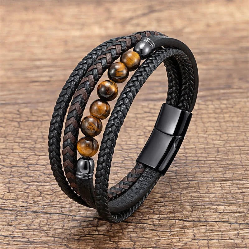 Multilayer Brown Tiger Eye Bead Leather Bracelet - Karoo Earth