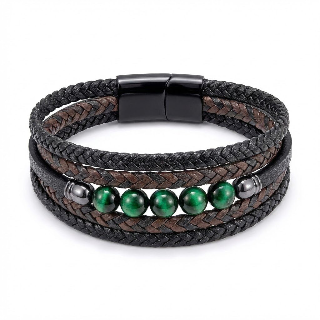 Multilayer Green Tiger Eye Bead Leather Bracelet - Karoo Earth