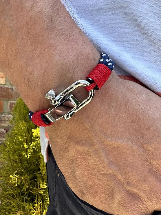 Navy Blue Men's Nautical Bracelet, Double Rope Bracelet with Stainless Steel Shackle - Karoo Earth