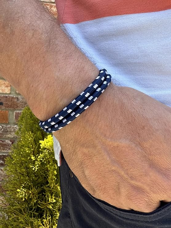 Navy Blue Men's Nautical Bracelet, Double Rope Bracelet with Stainless Steel Shackle - Karoo Earth
