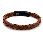 Tan Brown Braided Italian Leather Bracelet with Matt Black Stainless Steel Magnetic Clasp + Extender Link - Karoo Earth