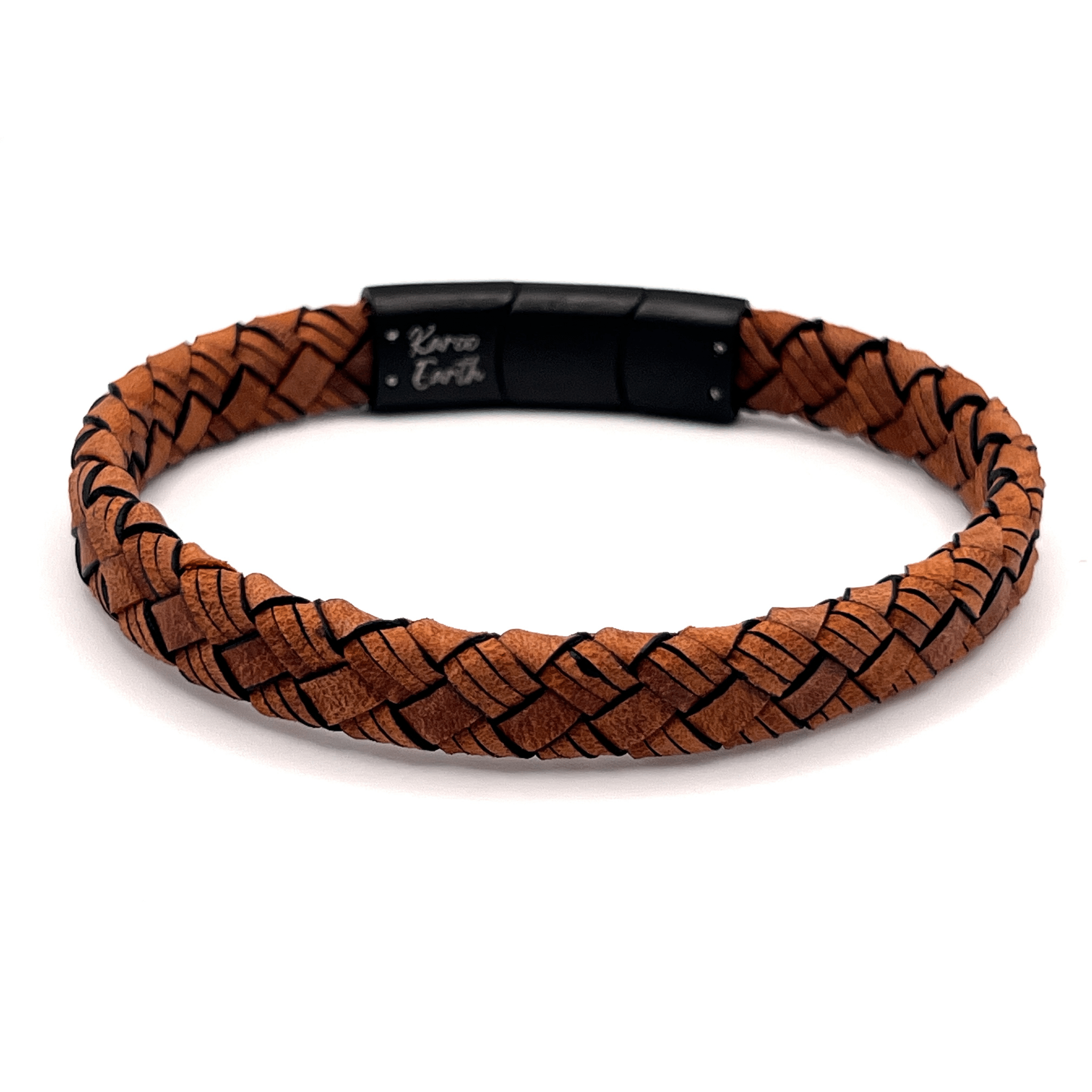 Tan Brown Braided Italian Leather Bracelet with Matt Black Stainless Steel Magnetic Clasp + Extender Link - Karoo Earth