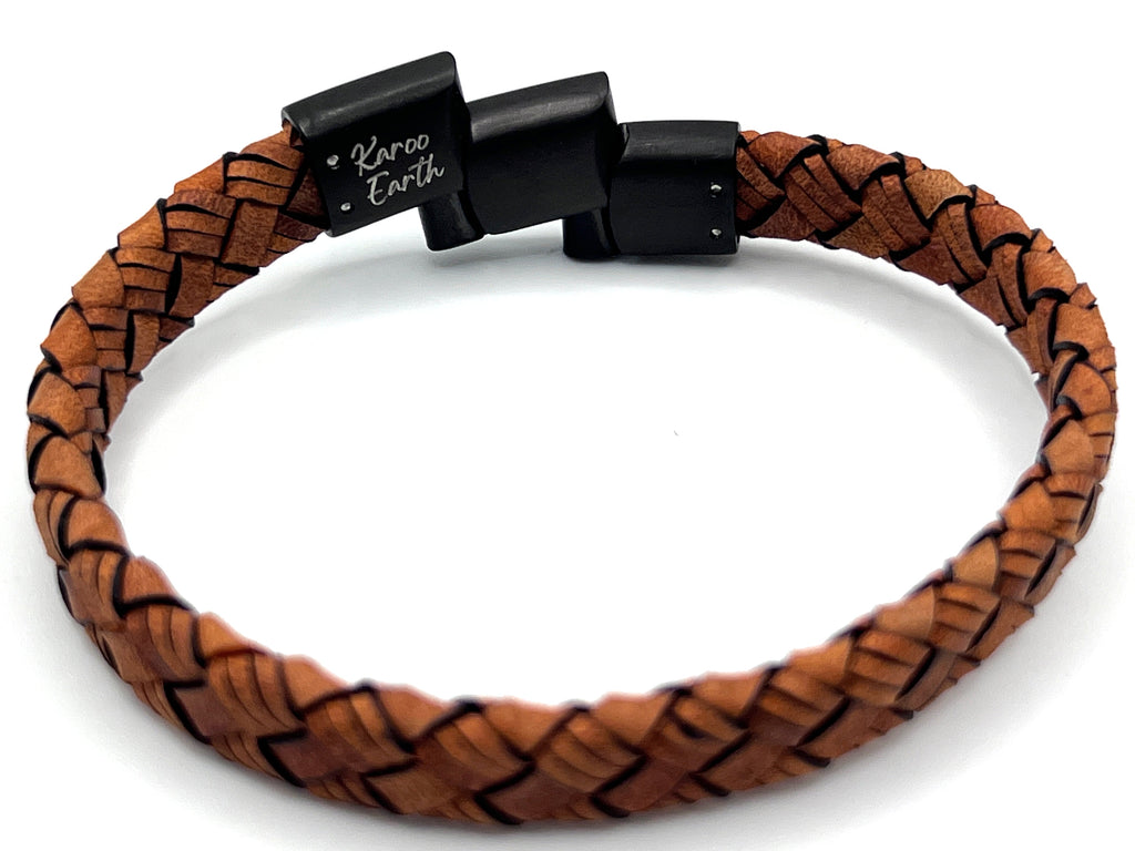 Tan Brown Braided Italian Leather Bracelet with Matt Black Stainless Steel Magnetic Clasp + Extender Link - Karoo Earth