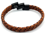 Tan Brown Braided Italian Leather Bracelet with Matt Black Stainless Steel Magnetic Clasp + Extender Link - Karoo Earth