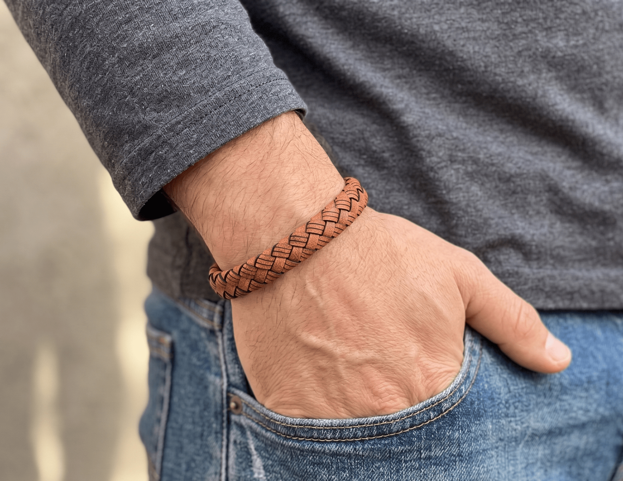 Tan Brown Braided Italian Leather Bracelet with Matt Black Stainless Steel Magnetic Clasp + Extender Link - Karoo Earth