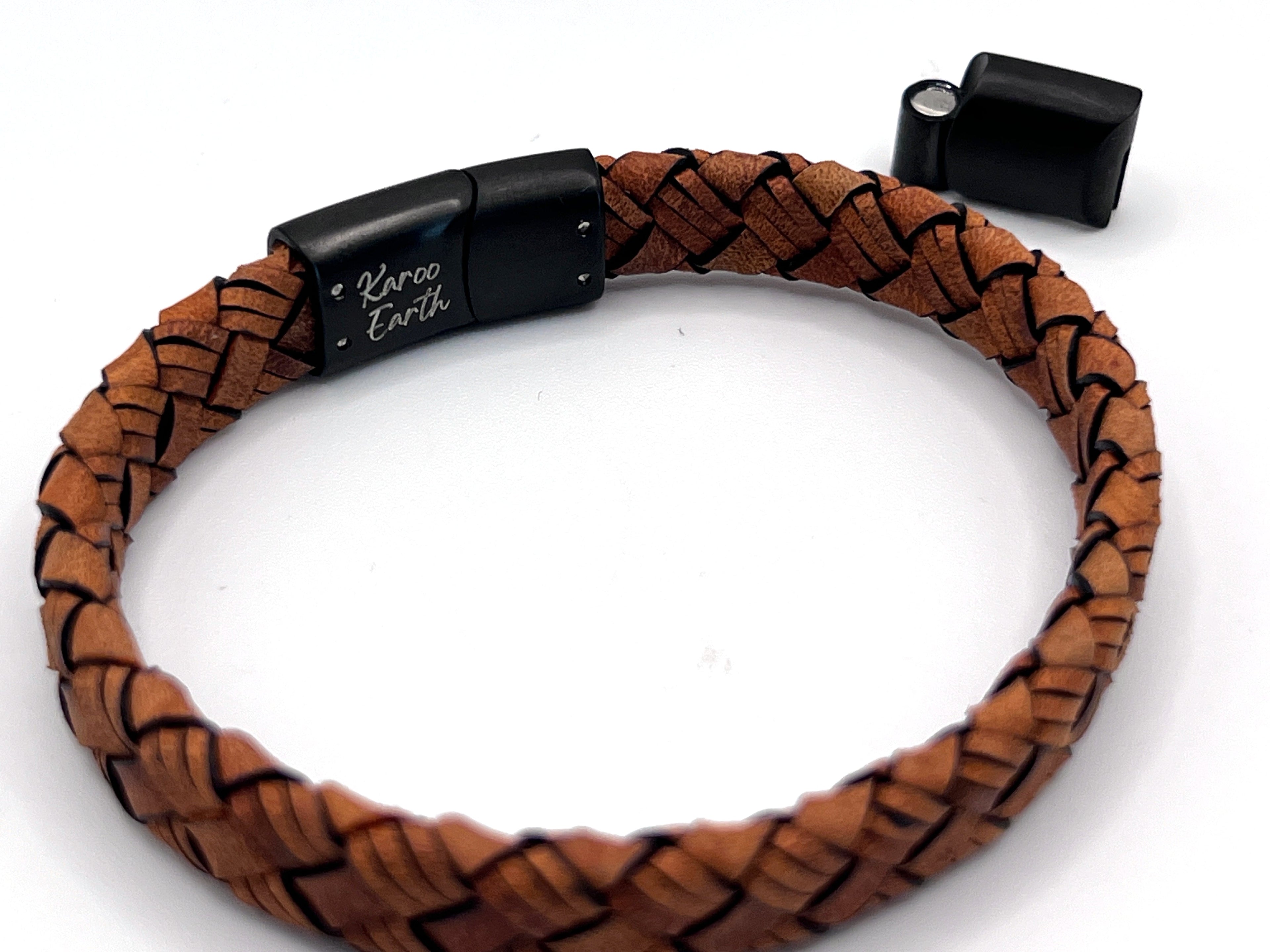Tan Brown Braided Italian Leather Bracelet with Matt Black Stainless Steel Magnetic Clasp + Extender Link - Karoo Earth
