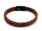 Tan Brown Braided Italian Leather Bracelet with Matt Black Stainless Steel Magnetic Clasp + Extender Link - Karoo Earth