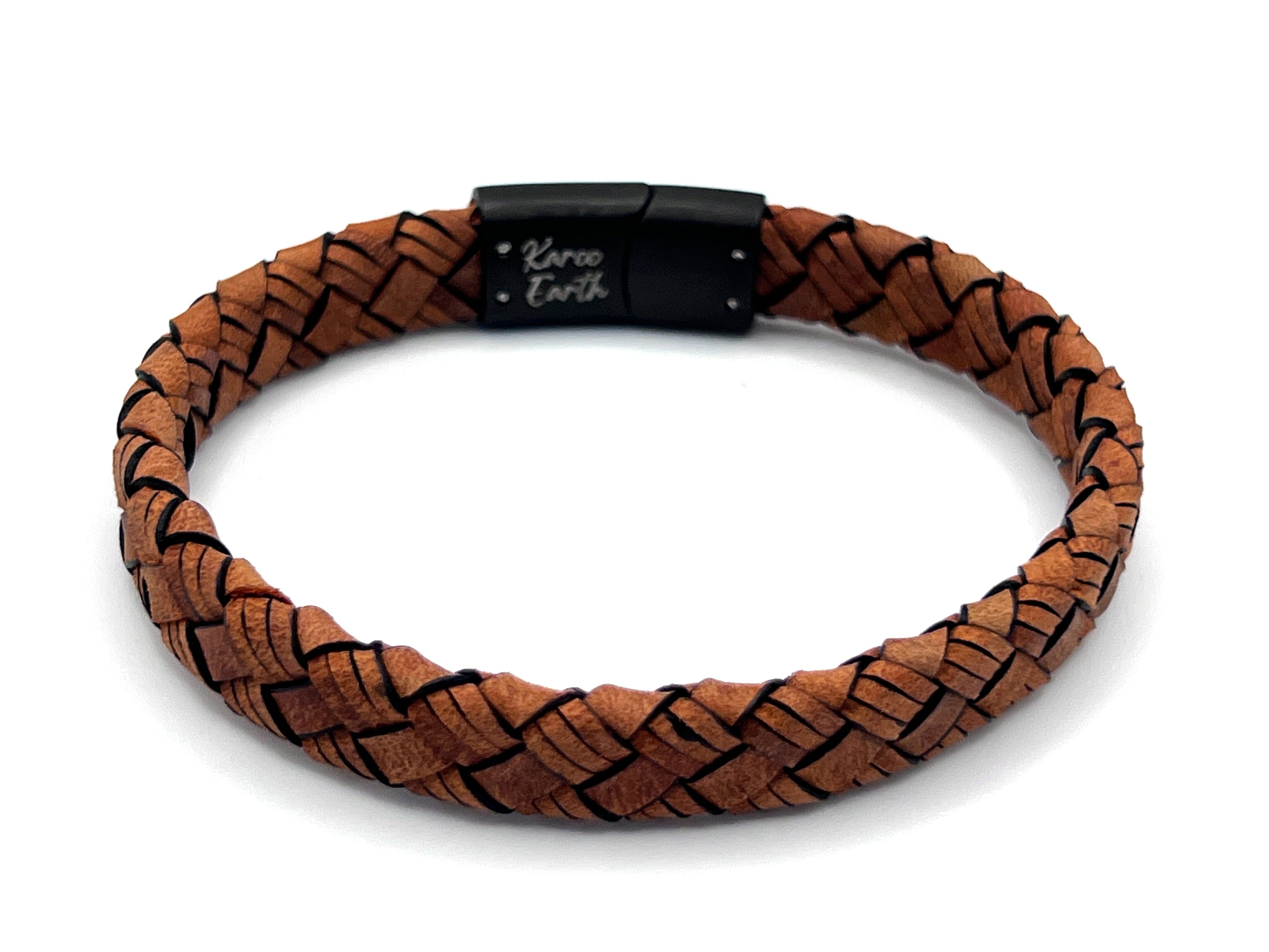 Tan Brown Braided Italian Leather Bracelet with Matt Black Stainless Steel Magnetic Clasp + Extender Link - Karoo Earth